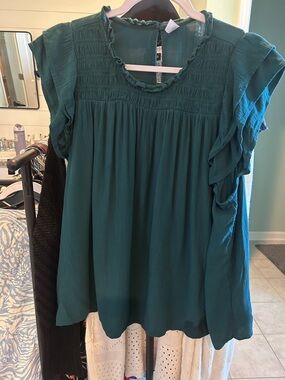 Old Navy Teal Ruffle-Sleeve Smocked Yoke Blouse